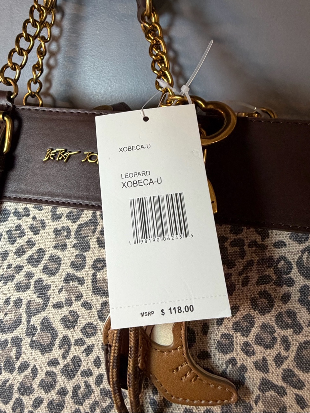 Betsey Johnson Brown & Leopard Print Tote with Gold Chain Handles - Picture 4 of 7